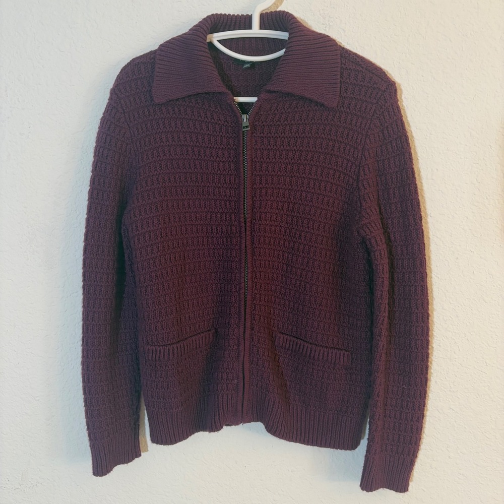 Talbots Zip Front Cardigan Size Small Petite SP Burgundy Collared Sweater